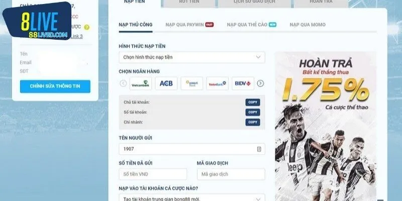 Phương phương thức nạp tiền 8LIVE phù hợp